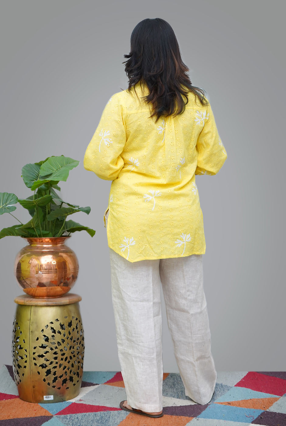 Yellow Hand Block Schiffli Short Top/ Kurta