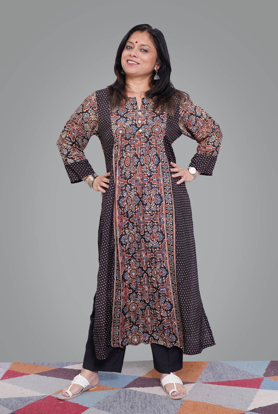 Ajrakh on South Silk Kurti (C)
