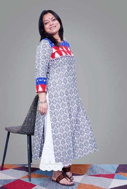 Exclusive Ikat Grey Kurti with Yoke