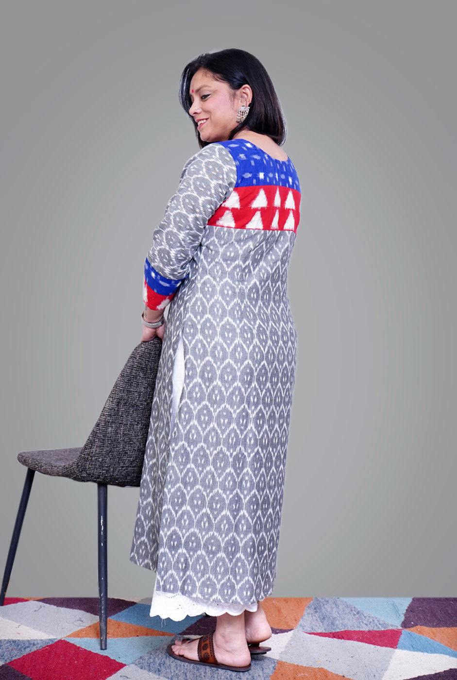 Exclusive Ikat Grey Kurti with Yoke