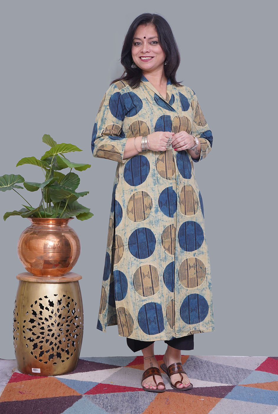 Ivory/Blue Cotton Ajrakh Box Pleat Kurta
