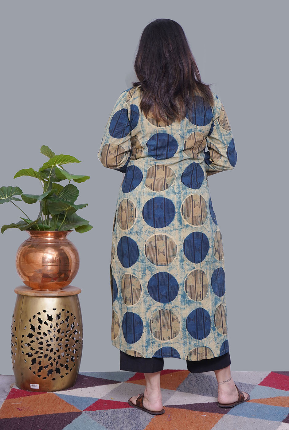 Ivory/Blue Cotton Ajrakh Box Pleat Kurta