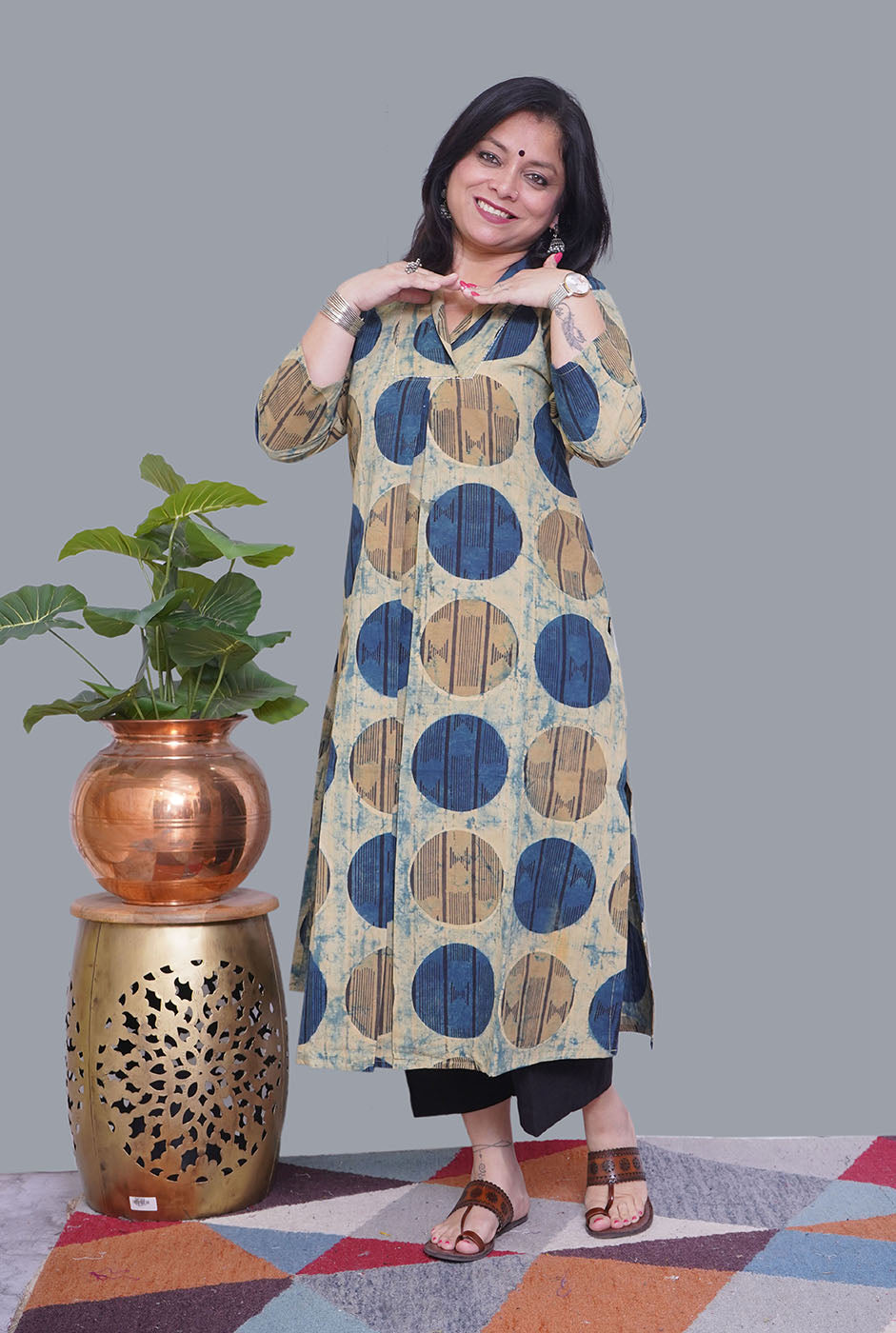 Ivory/Blue Cotton Ajrakh Box Pleat Kurta