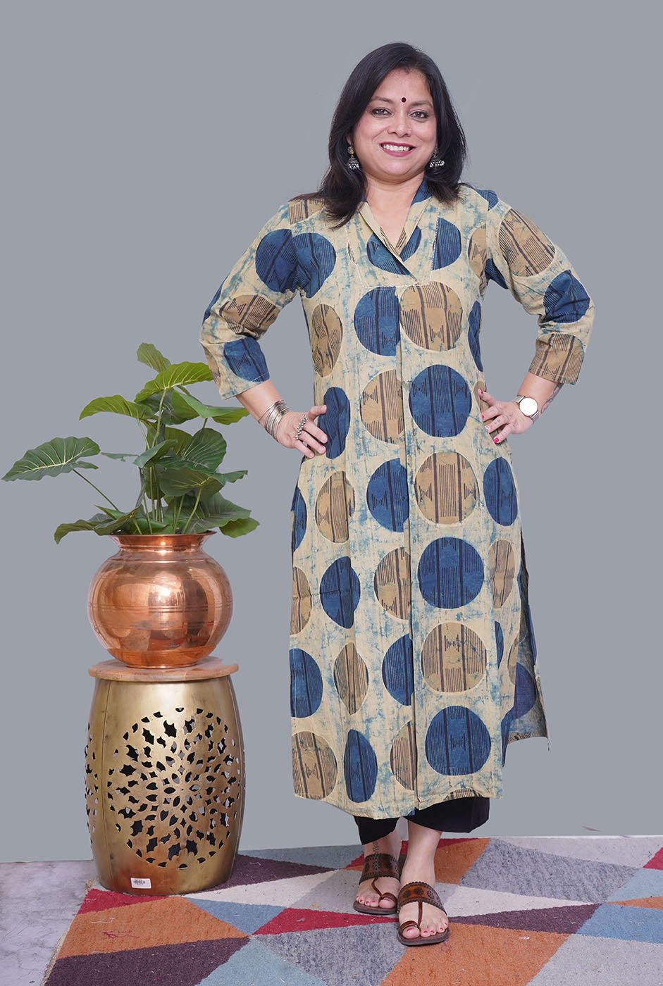 Ivory/Blue Cotton Ajrakh Box Pleat Kurta