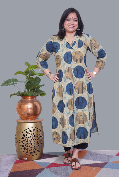 Ivory/Blue Cotton Ajrakh Box Pleat Kurta