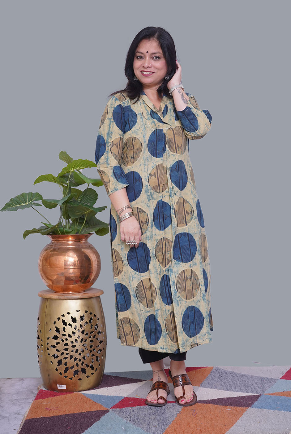 Ivory/Blue Cotton Ajrakh Box Pleat Kurta