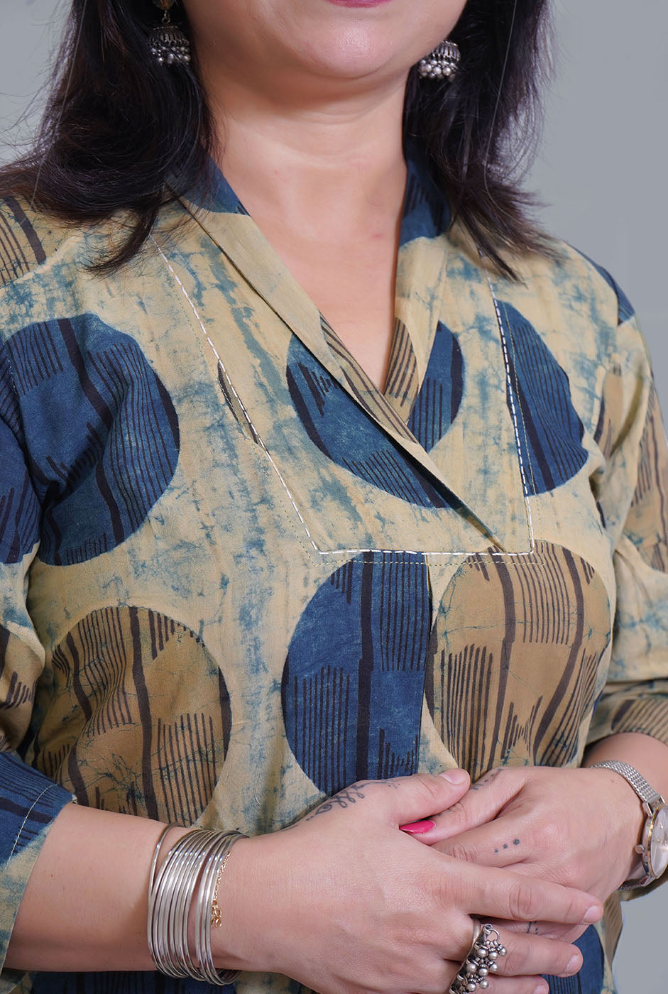 Ivory/Blue Cotton Ajrakh Box Pleat Kurta