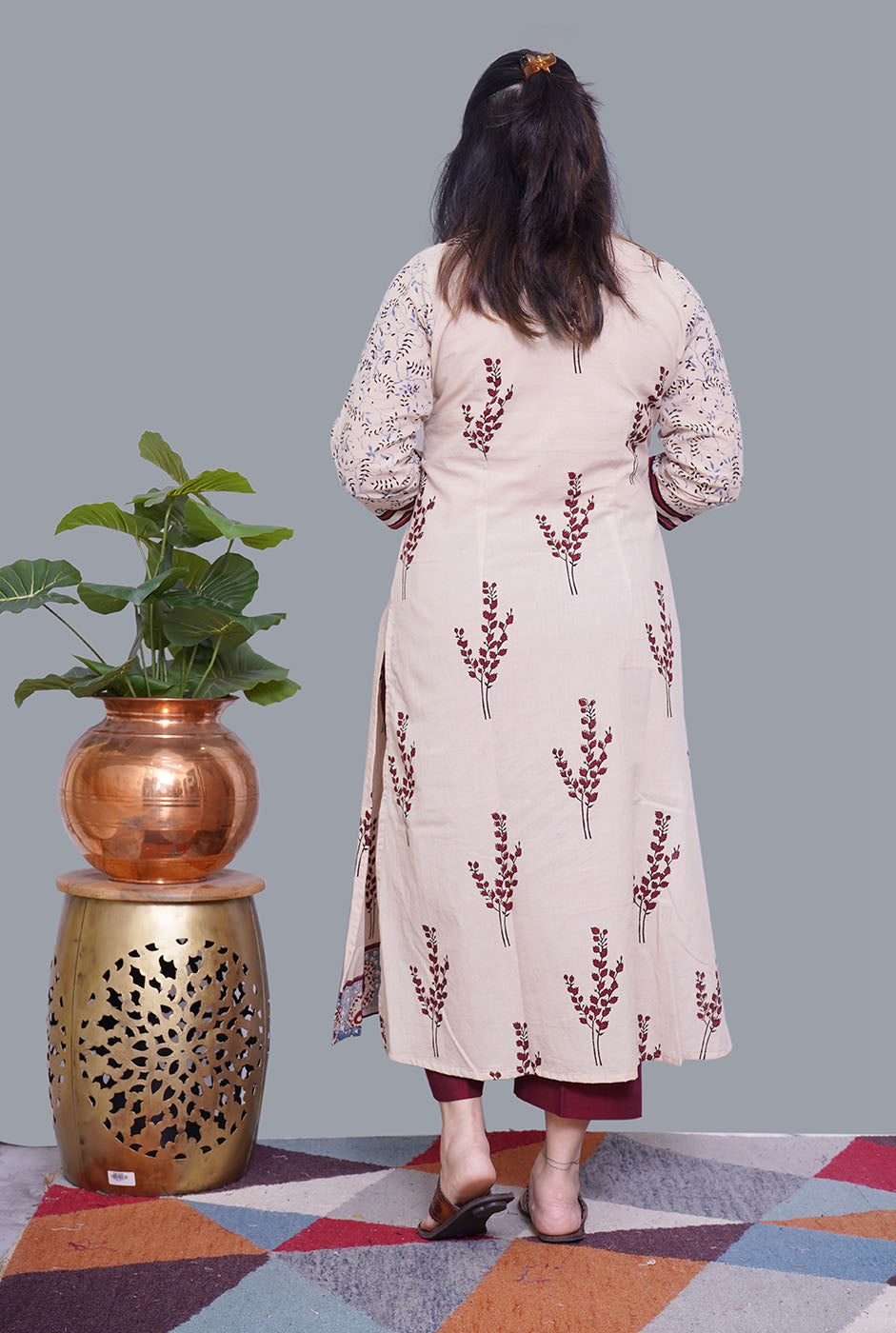 Ivory Color Ajrakh Gathered Kurta