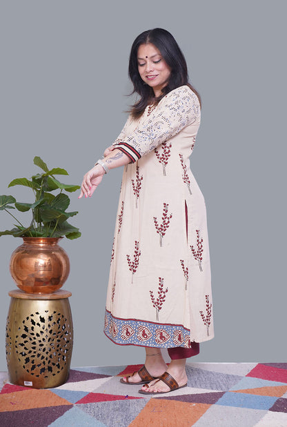 Ivory Color Ajrakh Gathered Kurta