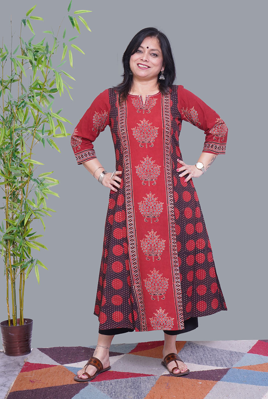 Maroon Ajrakh A-Line Kalidar Kurti (A)