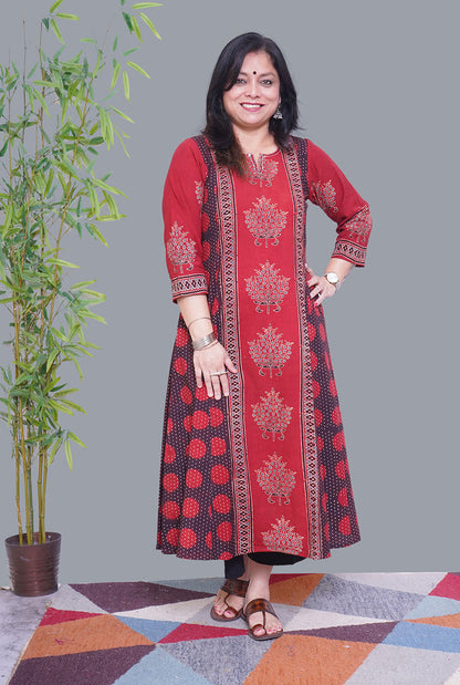 Maroon Ajrakh A-Line Kalidar Kurti (A)
