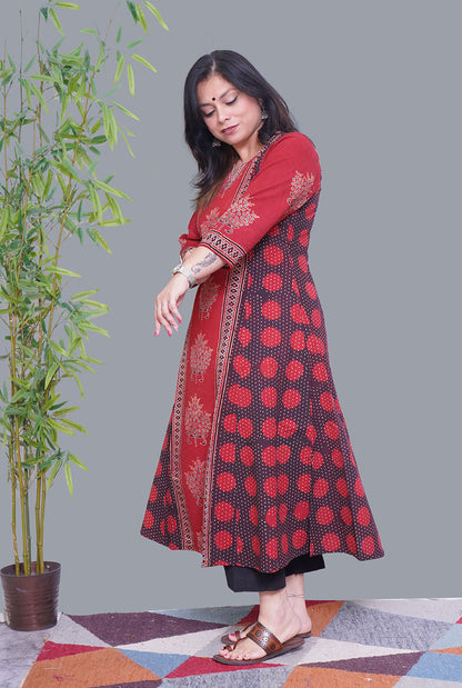 Maroon Ajrakh A-Line Kalidar Kurti (A)