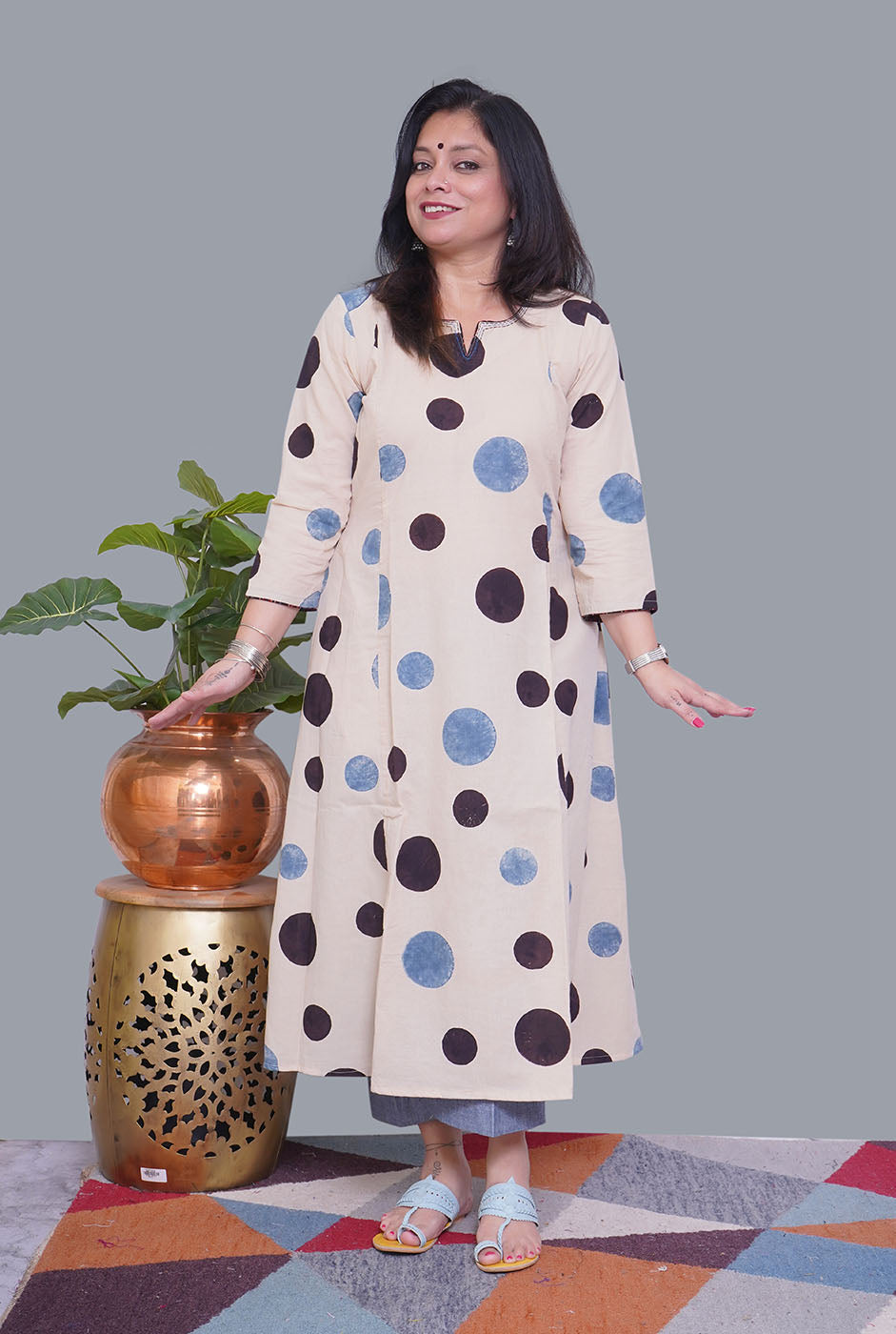Ivory Color Ajrakh A-Line Kalidar Kurti