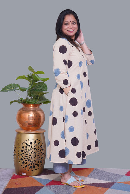Ivory Color Ajrakh A-Line Kalidar Kurti
