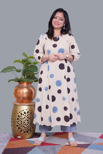 Ivory Color Ajrakh A-Line Kalidar Kurti