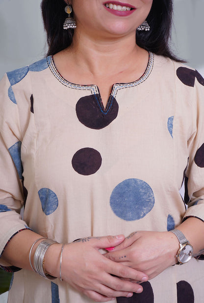 Ivory Color Ajrakh A-Line Kalidar Kurti