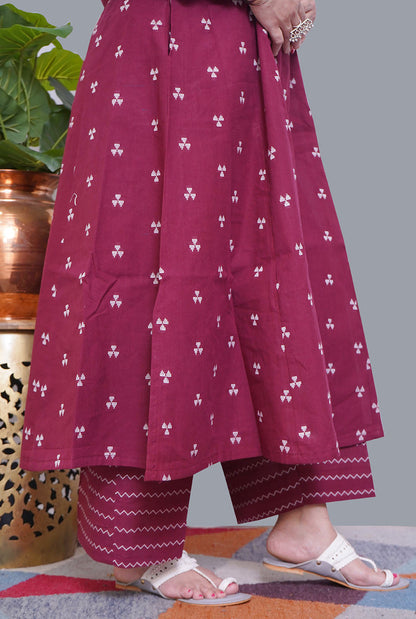 Nazakat Maroon Handloom Cotton Kalidar Co-Ord Set