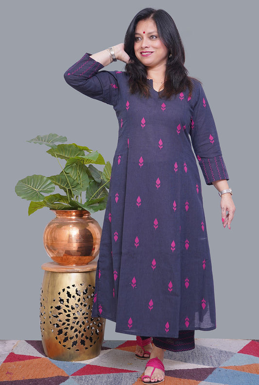 Nazakat Blue Handloom Cotton Kalidar A-Line Co-Ord Set with Pink Buta