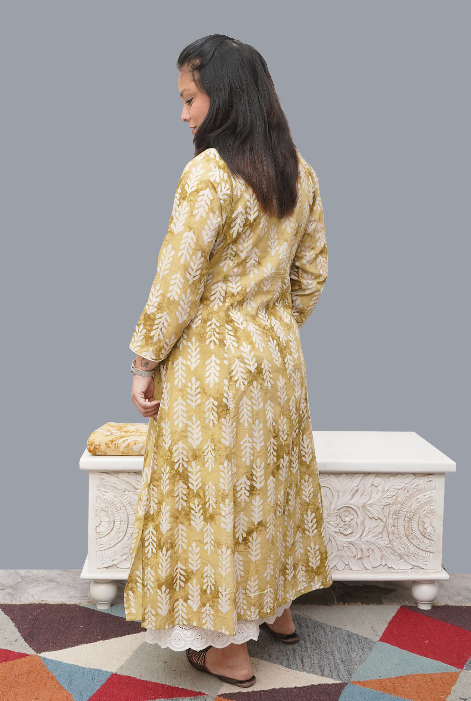 Cotton Mehendi Yellow Wax Batik A-Line Kurti