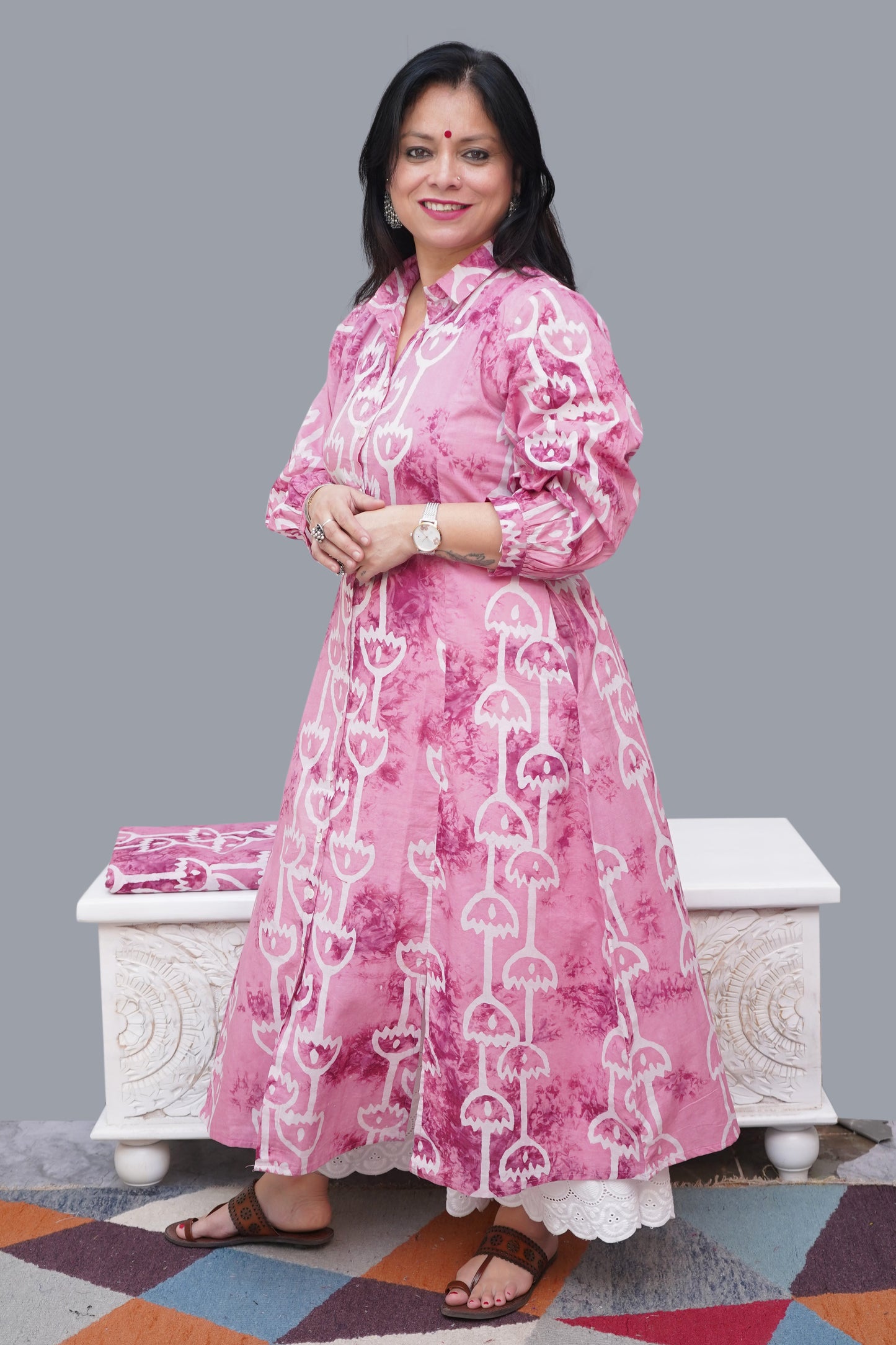 Cotton Pink Wax Batik A-Line Kurti/ Shrug with Collar