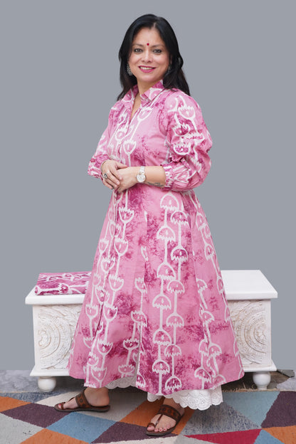 Cotton Pink Wax Batik A-Line Kurti/ Shrug with Collar