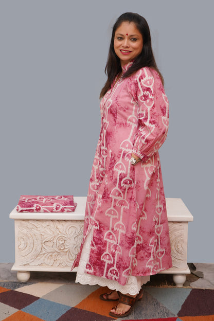 Cotton Pink Wax Batik A-Line Kurti/ Shrug with Collar