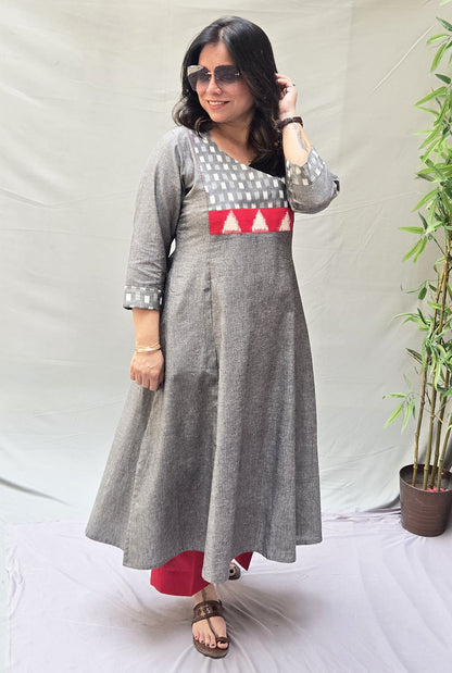 Exclusive Grey Cotton Kurta with Double Ikat  Yoke Detailing