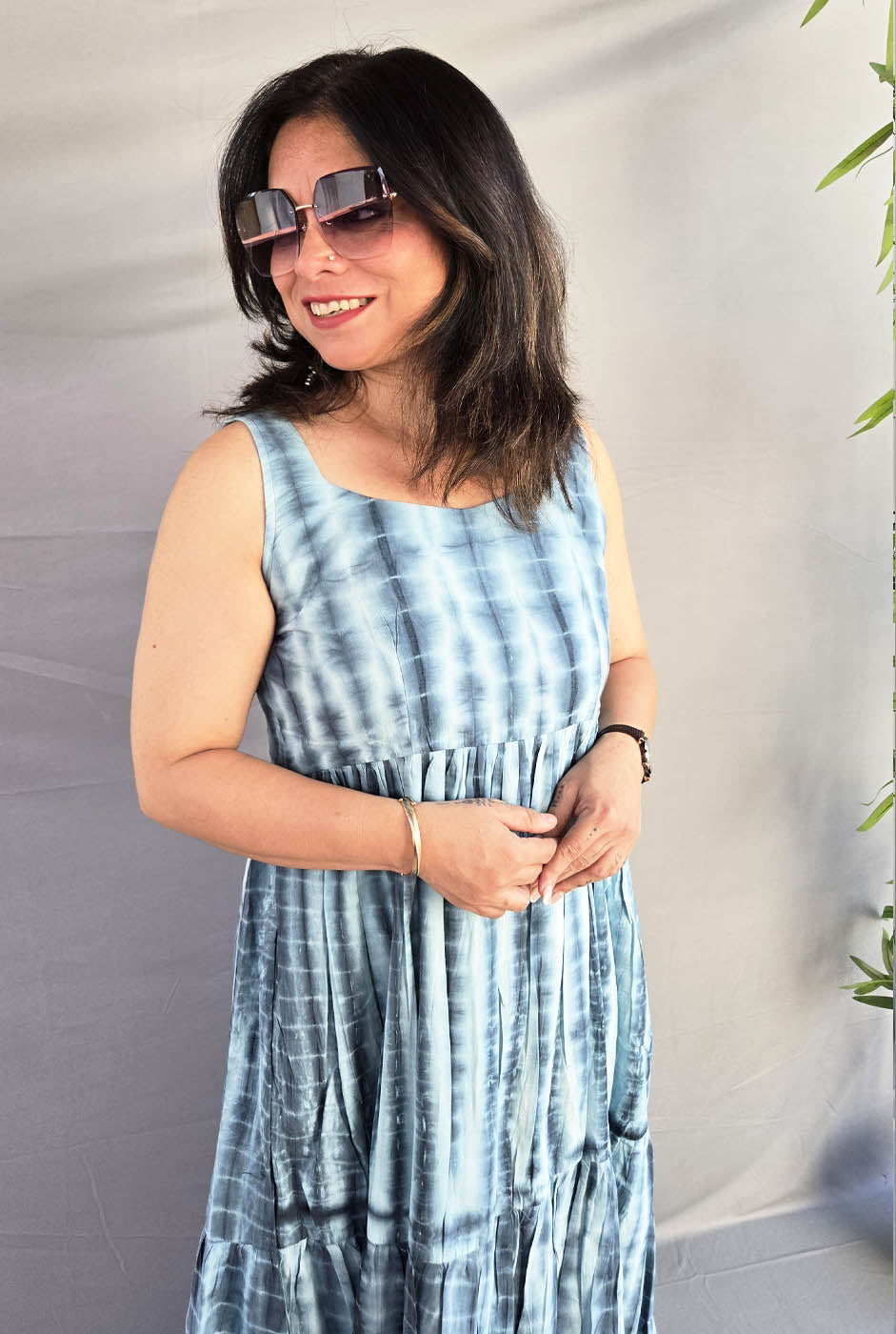 Grey Shibori Long Cotton Dress with Mull Lining