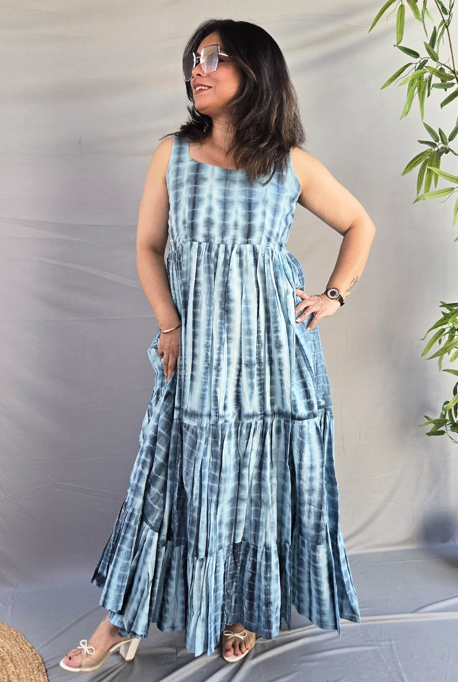 Grey Shibori Long Cotton Dress with Mull Lining