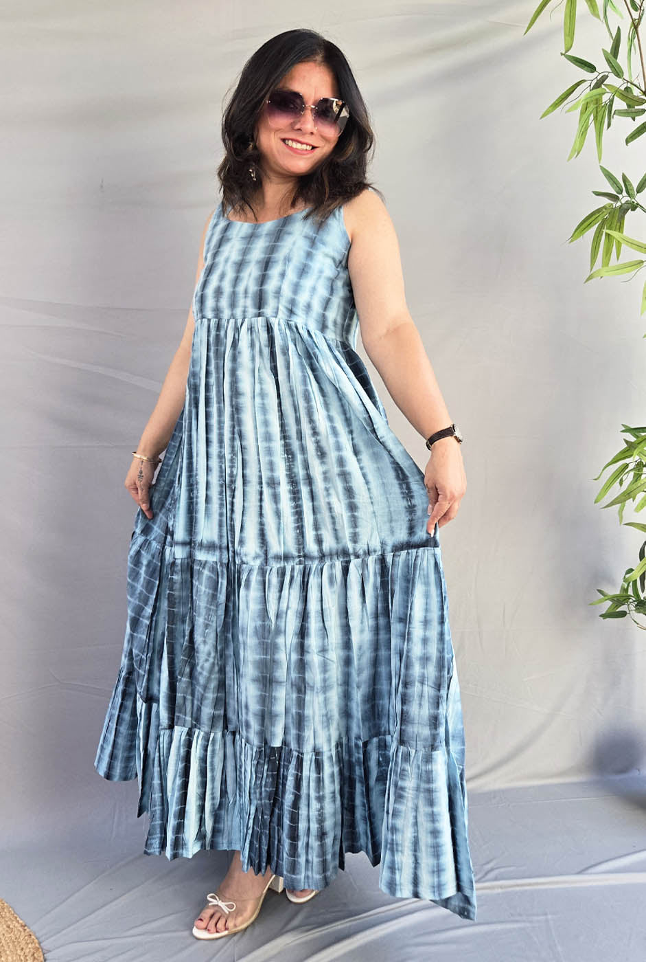 Grey Shibori Long Cotton Dress with Mull Lining