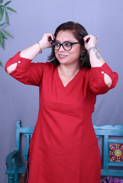 Red Kurta with Ikat Pant Set of 2