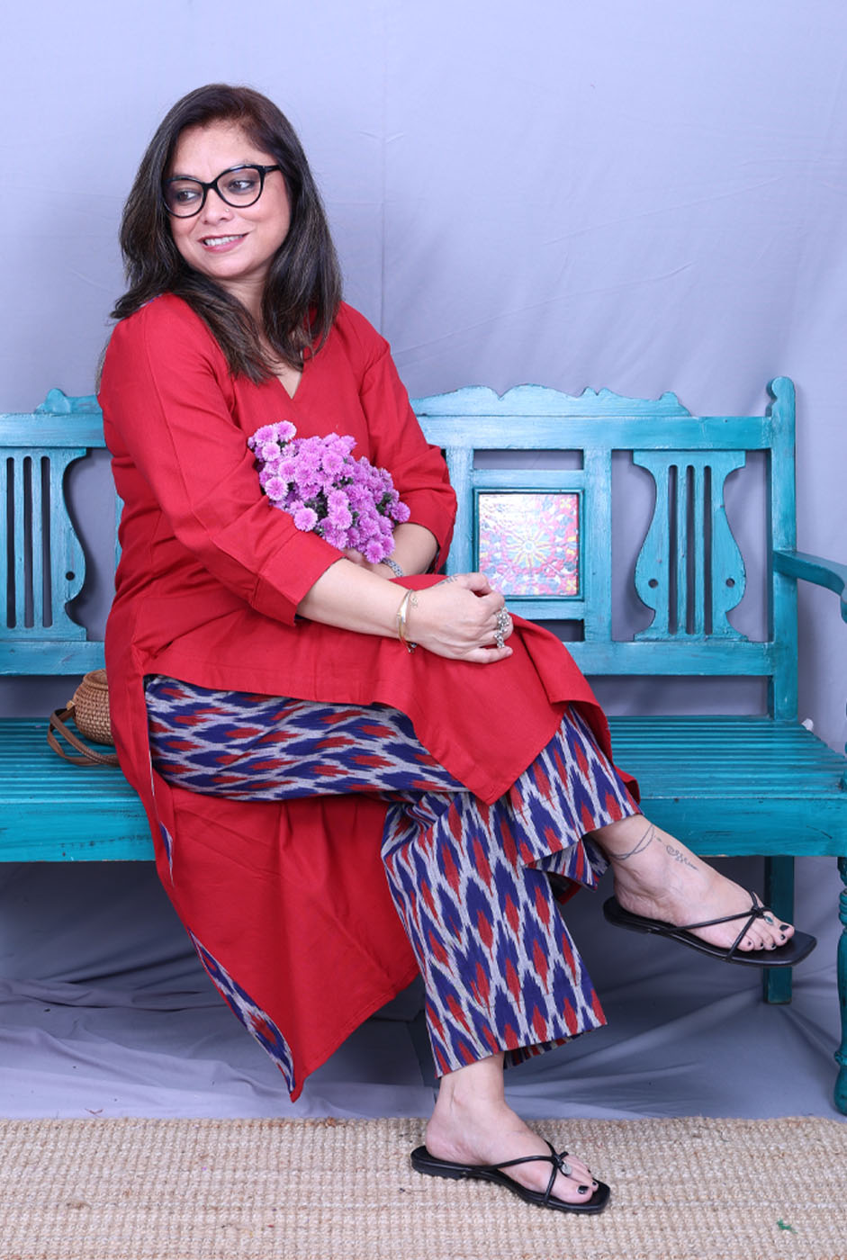 Red Kurta with Ikat Pant Set of 2