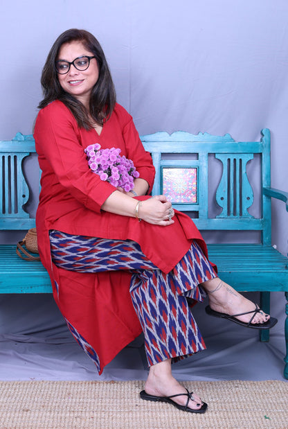 Red Kurta with Ikat Pant Set of 2
