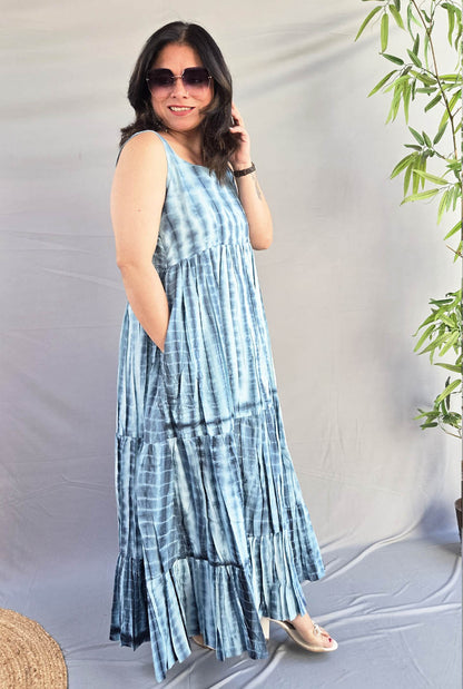 Grey Shibori Long Cotton Dress with Mull Lining