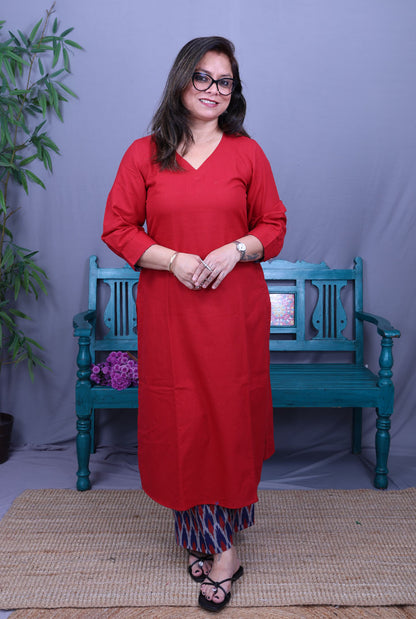 Red Kurta with Ikat Pant Set of 2