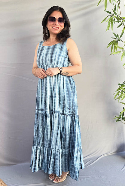 Grey Shibori Long Cotton Dress with Mull Lining