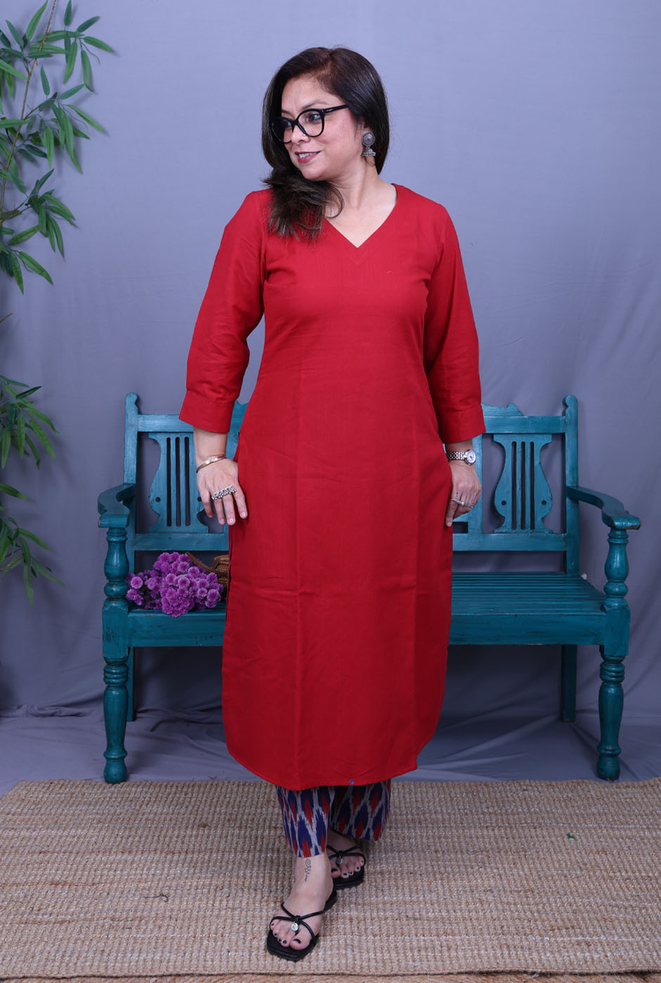 Red Kurta with Ikat Pant Set of 2