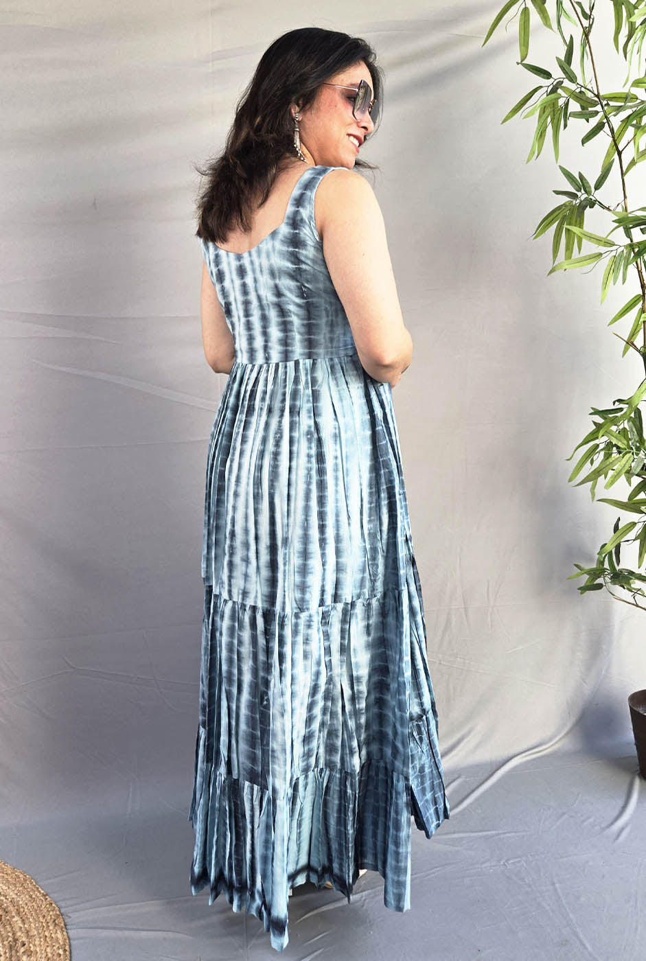 Grey Shibori Long Cotton Dress with Mull Lining