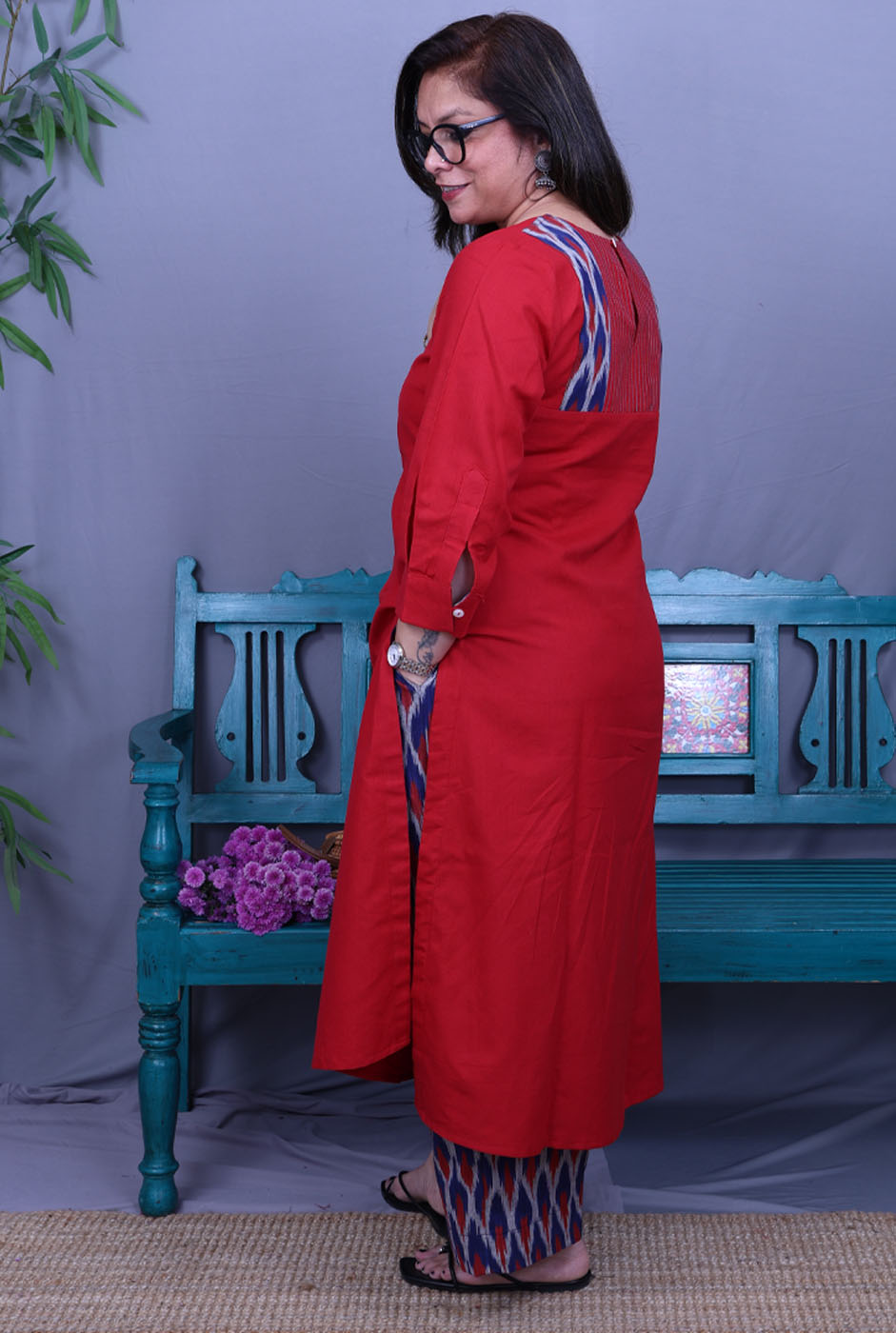 Red Kurta with Ikat Pant Set of 2