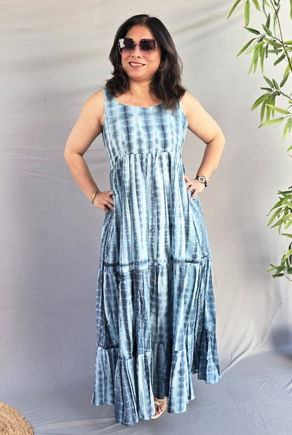 Grey Shibori Long Cotton Dress with Mull Lining