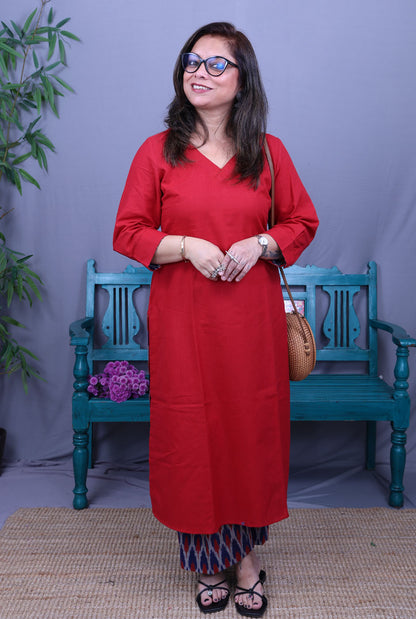 Red Kurta with Ikat Pant Set of 2