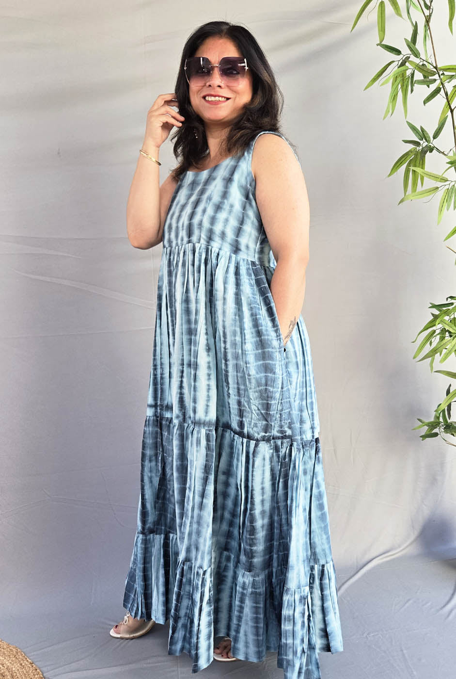 Grey Shibori Long Cotton Dress with Mull Lining