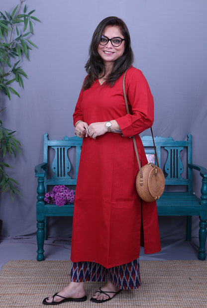 Red Kurta with Ikat Pant Set of 2