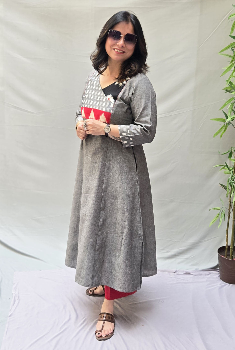 Exclusive Grey Cotton Kurta with Double Ikat  Yoke Detailing