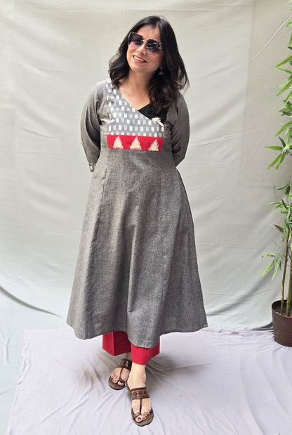 Exclusive Grey Cotton Kurta with Double Ikat  Yoke Detailing