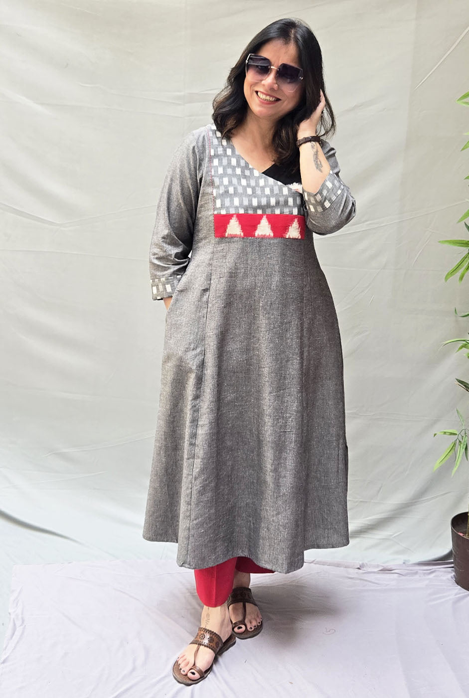 Exclusive Grey Cotton Kurta with Double Ikat  Yoke Detailing