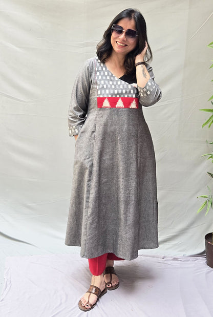 Exclusive Grey Cotton Kurta with Double Ikat  Yoke Detailing