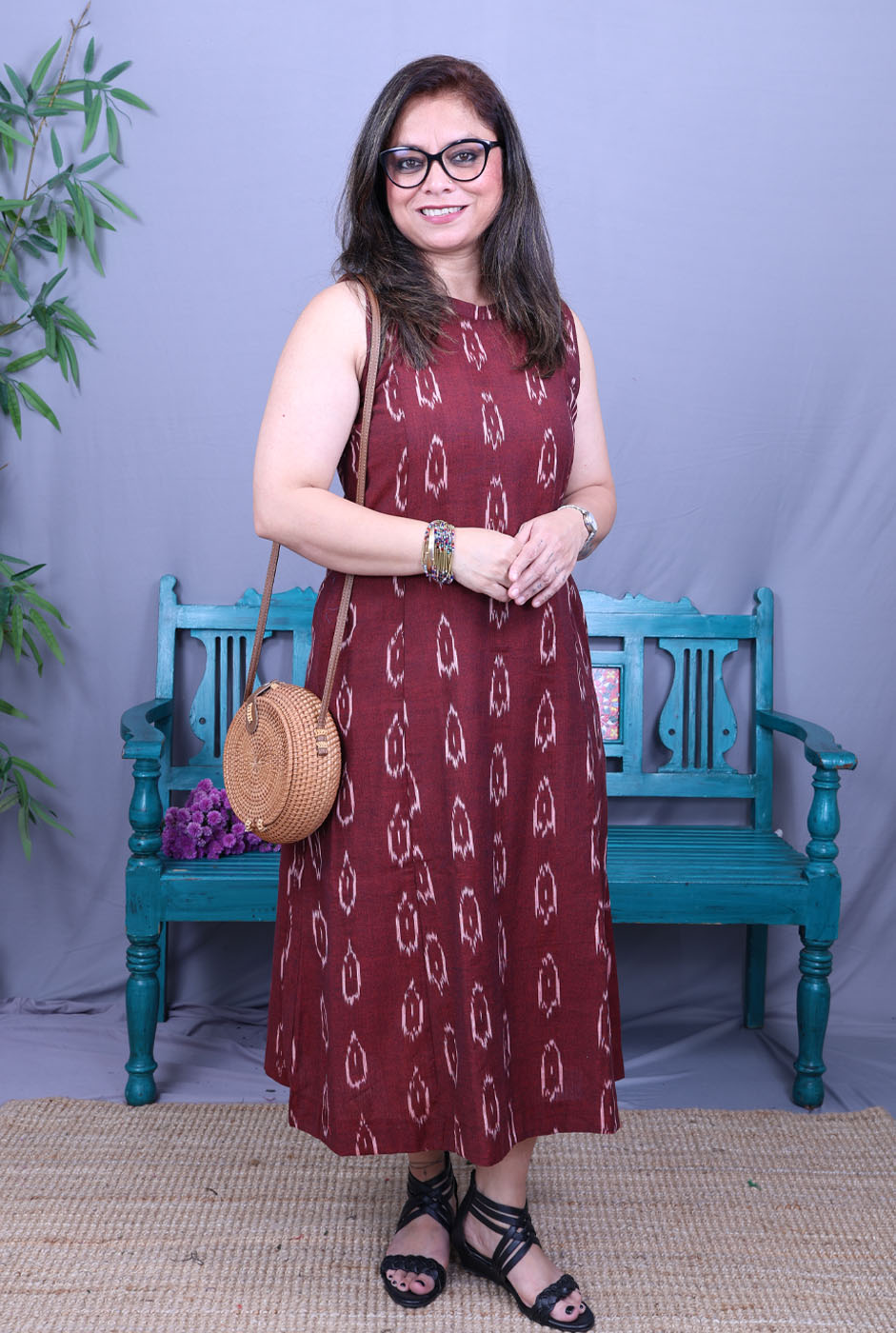 Maroon Single Ikat Dress with Mandarin Collar
