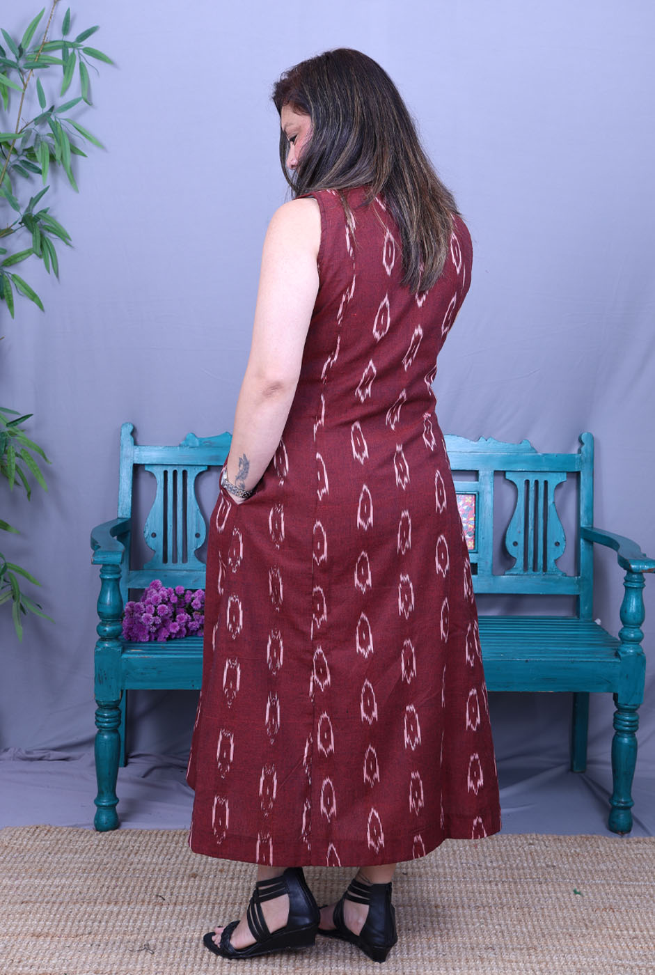 Maroon Single Ikat Dress with Mandarin Collar