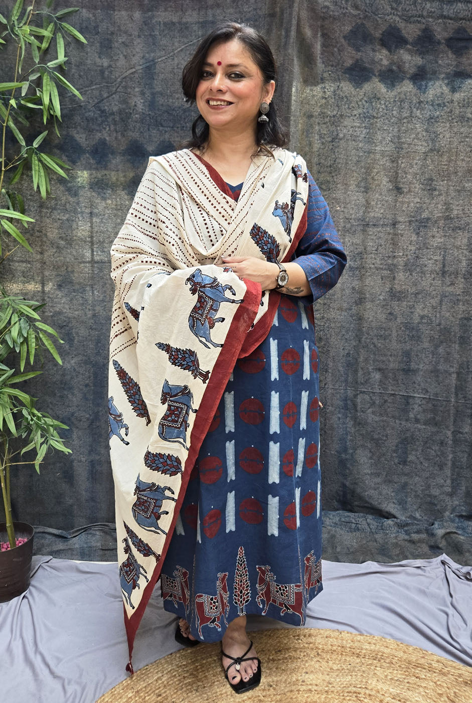 Raas Blue Ajrakh Straight Fit Kurta with Pichwai Border